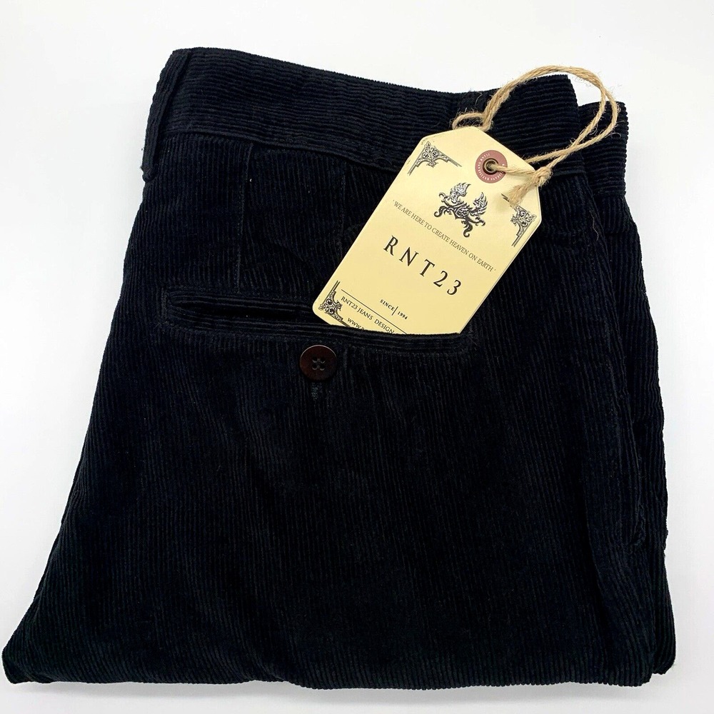 RNT23 Corduroy Pants Men Size 32 Black Slim Straight Fine Wale Trousers NEW